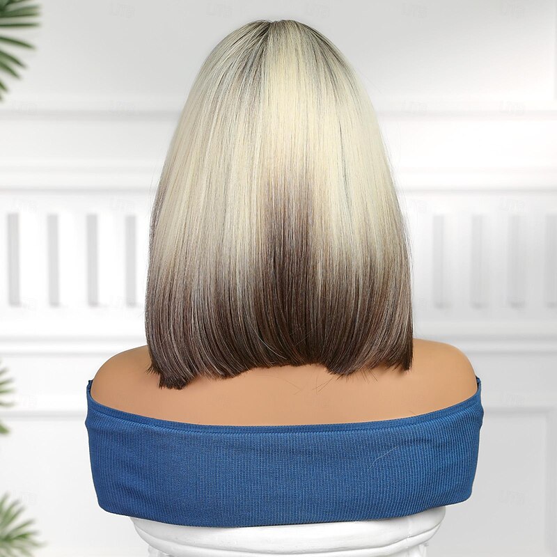 Synthetic Lace Wig Straight Style 14 inch Dark Brown Gold Blonde Ombre Bob U Part Wig Women's Wig Brown / White2