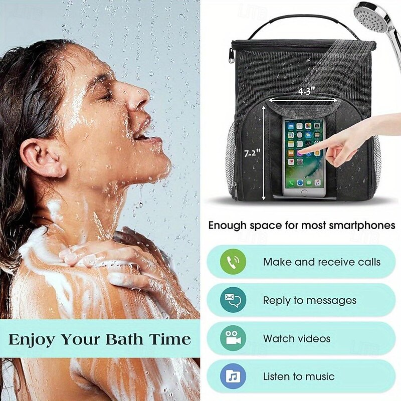 Waterproof Hanging Shower Caddy Organizer with 7 Flexible Holders.Quick Dry Mesh Toiletry Bag with Touch-Friendly Pocket for Smartphones Wall-Mount Shower Tote for College Dorm Gym and Travel 1PCS2