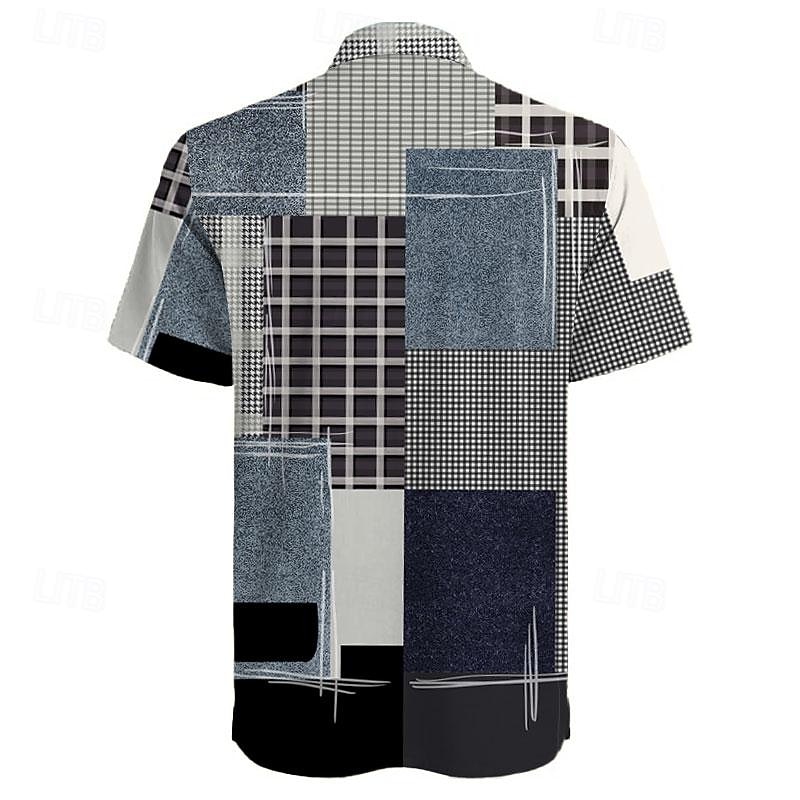 Men's Color Block Geometric Pattern Button Up Shirt Printed Shirts Short Sleeve Casual Resort Outdoor Daily Holiday Summer Turndown Print Button-Down Blue Sky Blue2
