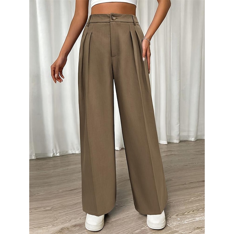 Women's Dress Pants Fashion Long Plain Side Pockets Wide Leg Breathability Comfortable Inelastic Daily Wear Khaki Spring & Summer Regular Fit
