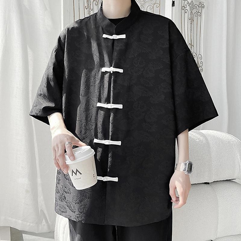 Men's Shirt Chinese Collar Shirt Mandarin Collar Shirt Summer Shirt Casual Shirt Beach Shirt Black White Short Sleeve Plain Mandarin Collar Vacation Holiday Embroidered Clothing Apparel Polyester3