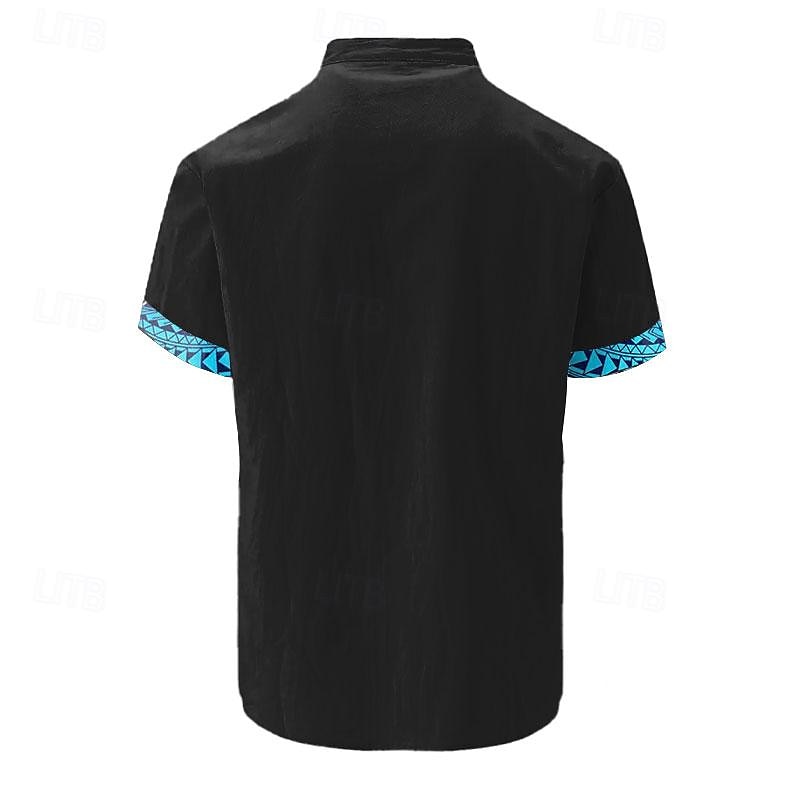 Men's Ethnic Button Up Shirt Printed Shirts Short Sleeve Hawaiian Resort Outdoor Party Business / Ceremony / Wedding Summer Turndown Print Button-Down Black2