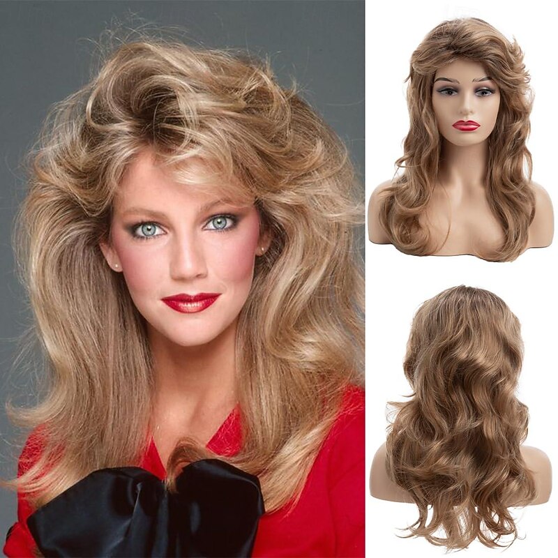 Womens 80s Blonde Wig Long Layered Blonde Wigs with Bangs 80s Vintage Cosplay Costume Disco Hair Wig Carnival Party Wigs Halloween Wigs
