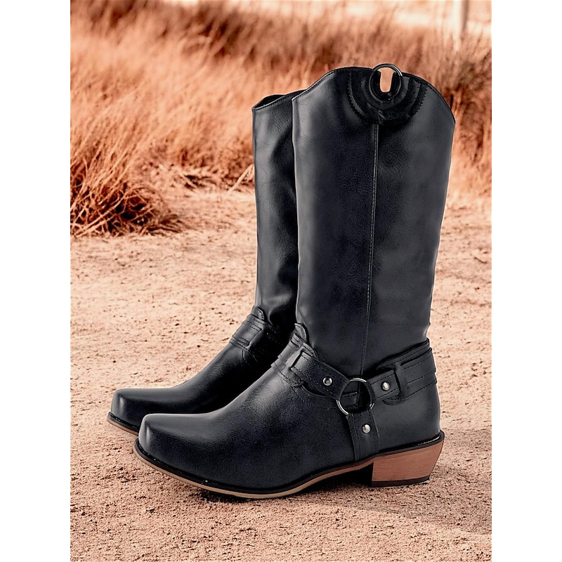 Women's Brown Faux Leather Western Cowboy Boots with Ring Harness - Durable and Stylish for Outdoor and Casual Wear3