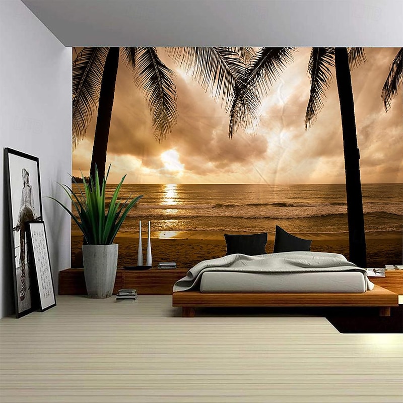 Sunset Palm Trees Hanging Tapestry Wall Art Large Tapestry Mural Decor Photograph Backdrop Blanket Curtain Home Bedroom Living Room Decoration2