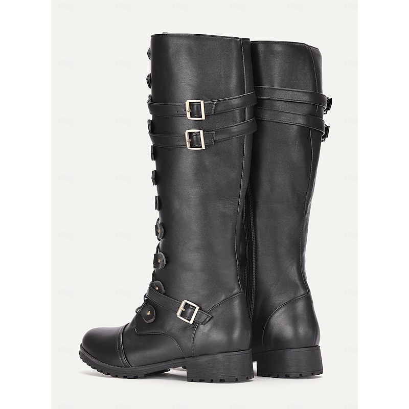 Women's Vintage Gothic Combat Boots - Black Buckle Strap Knee-High Boots for Cosplay and Daily Wear4