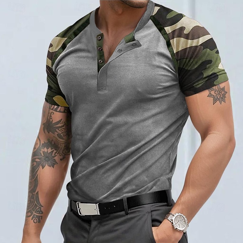 Men's Henley Shirt Tee Top Color Block Camo / Camouflage Henley Outdoor Casual Short Sleeve Button Clothing Apparel Fashion Designer Comfortable