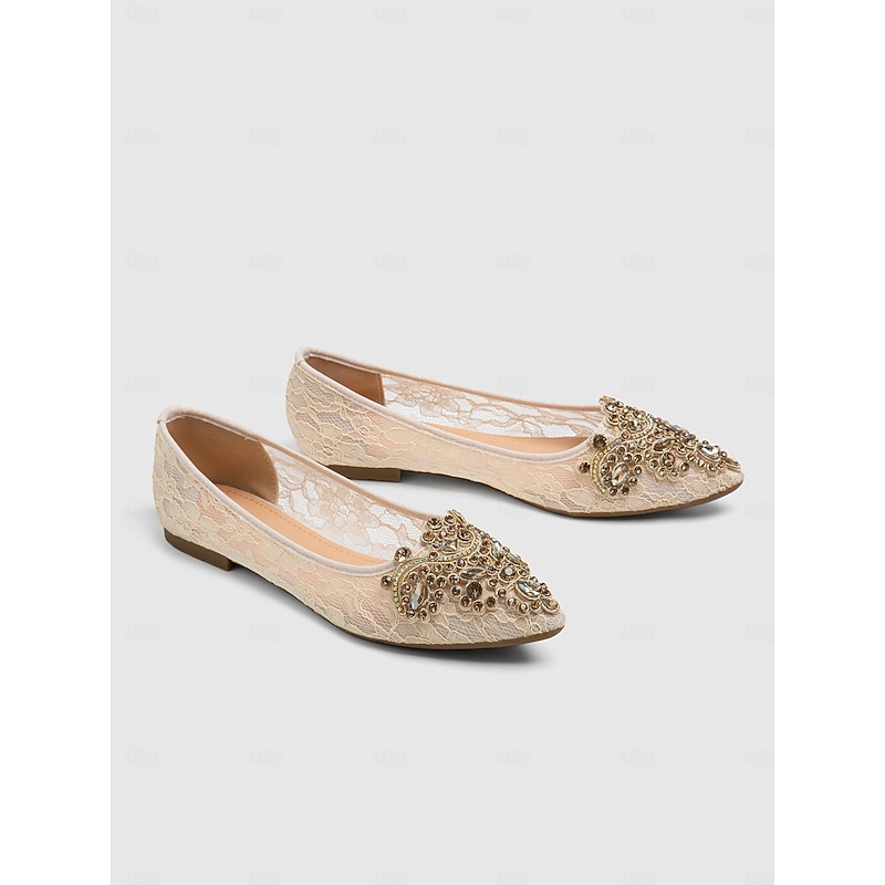 Elegant Women's Beige Lace Ballet Flats with Ornate Rhinestone Embellishments – Perfect for Weddings and Formal Events2
