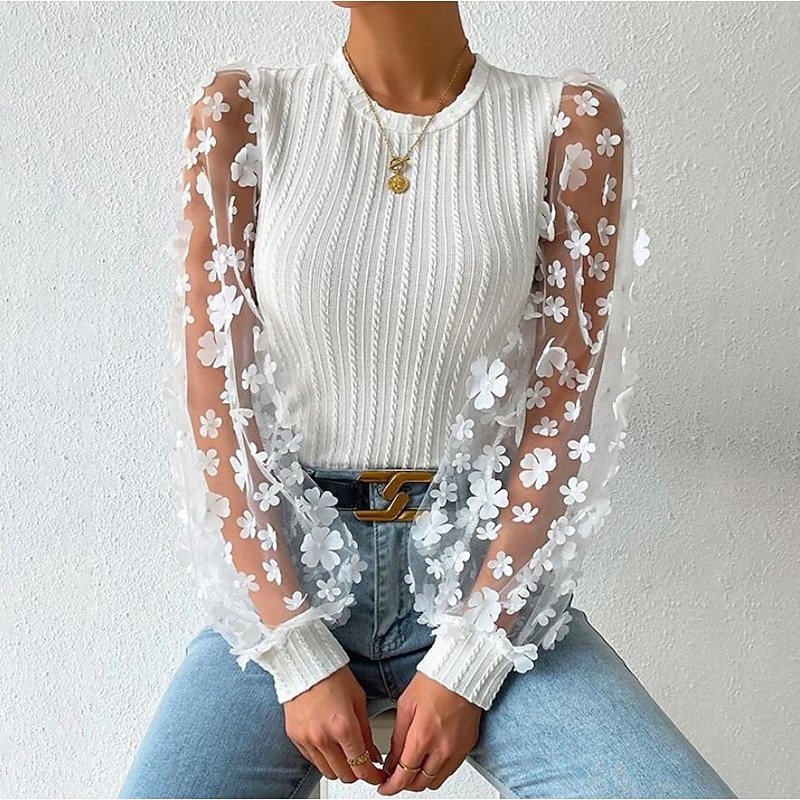 Women's Blouse Chiffon Stylish Modern Solid Color Mesh Patchwork Lantern Sleeve Long Sleeve Crew Neck Work Black White Blue Summer Spring Fall