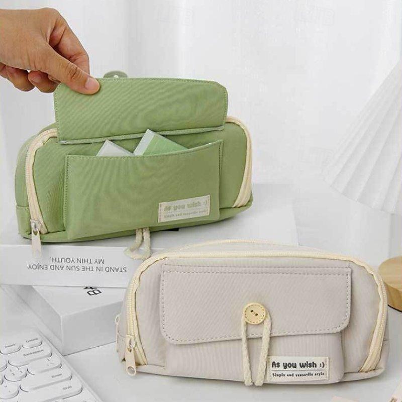 Cute Large Capacity Pencil Bag Pencil Cases Pen Pouch Marker Bag Oxford Cloth for School Student Black Green Beige - Main Image