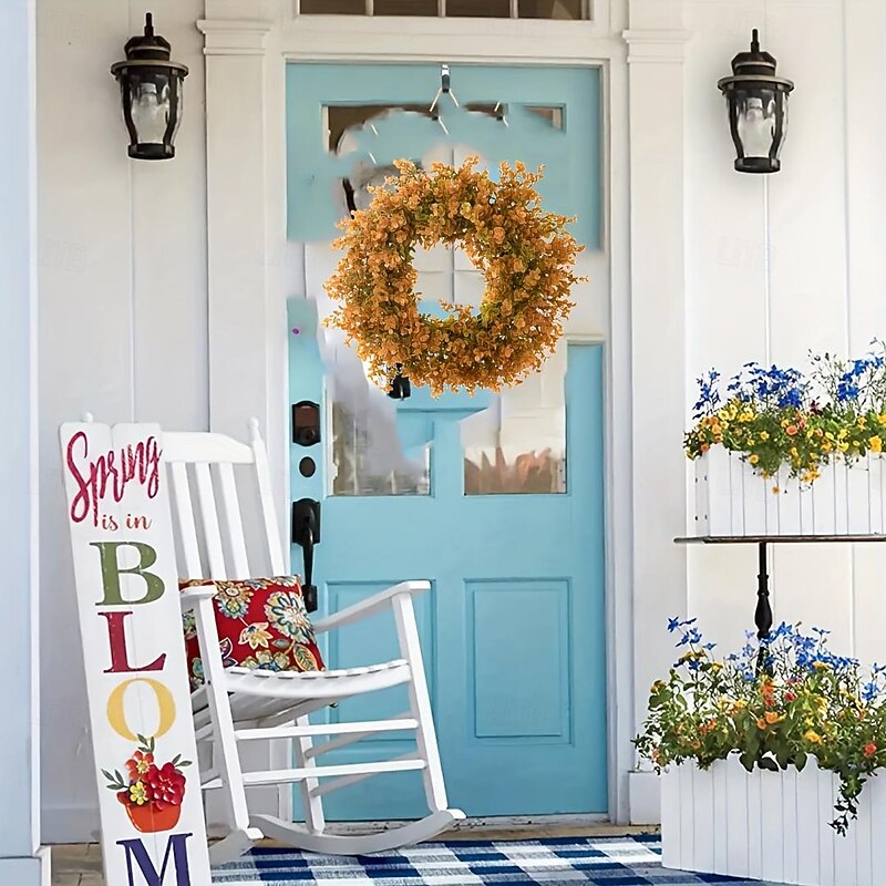 Fall Wreath with Artificial Eucalyptus and Flowers - Faux Green Leaves Wreath for Front Door, Wall, Festival Celebration, Fireplace, Window, Party Decor4