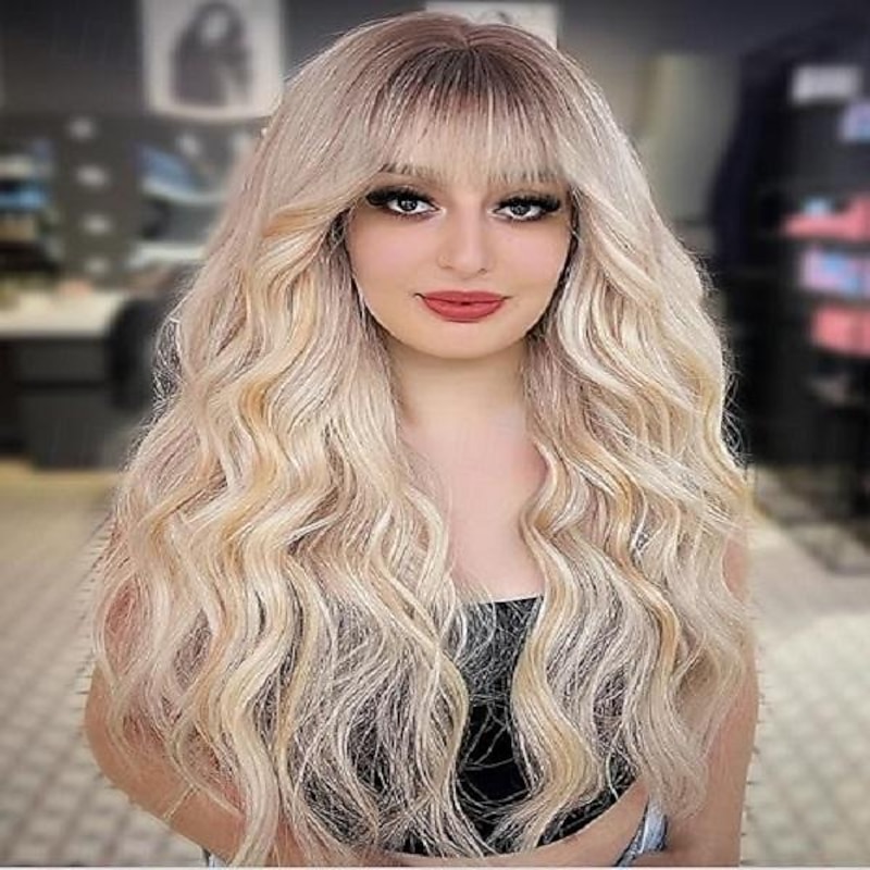 Ombre Blonde Wig with Bangs Long Blonde Wavy Wigs for Women Synthetic Curly Wavy Wigs with Dark Root Middle Part Heat Resistant Wig for Daily Party Wear Halloween Wigs