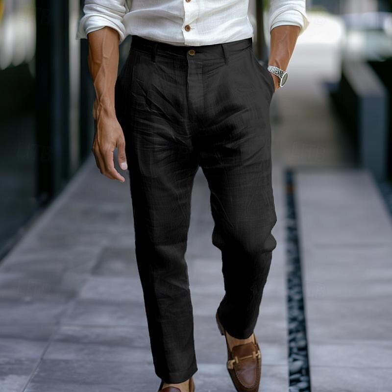 Men's Linen Pants Trousers Dress Pants Summer Pants Buttons Straight Leg Plain Comfort Breathable Full Length Business Daily Streetwear Stylish Black White3