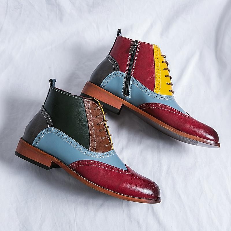 Men's Multicolor Brogue Lace-Up Ankle Boots – Vintage-Inspired Faux Leather Dress Boots with Stylish Color Block Design3