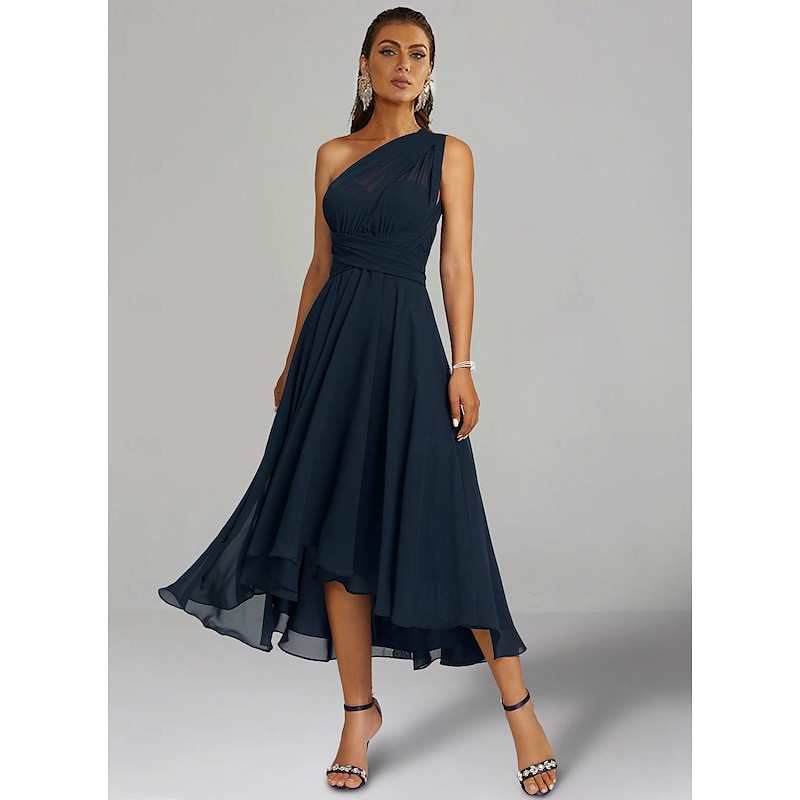 A-Line Wedding Guest Dresses Elegant Dress Formal Wedding Party Tea Length Sleeveless One Shoulder Fall Wedding Guest Chiffon with Ruched