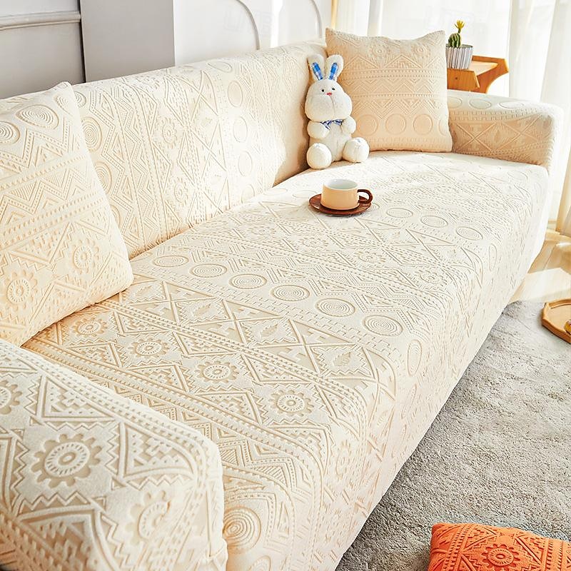 Bohemian Geometric Jacquard Chair Sofa Slipcover Stretch Sofa Cover Plush Fleece Armchair Covers Anti-Slip Furniture Protector for Kids