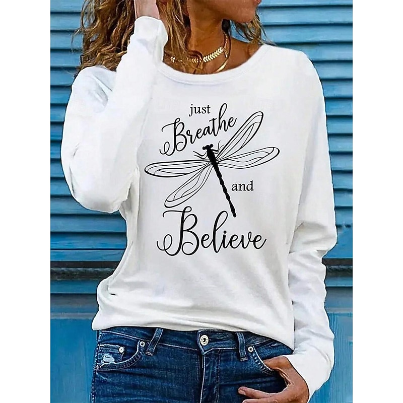 Women's 100% Cotton T Shirt Tee Daily Stylish Casual Long Sleeve White Spring & Fall Prefall
