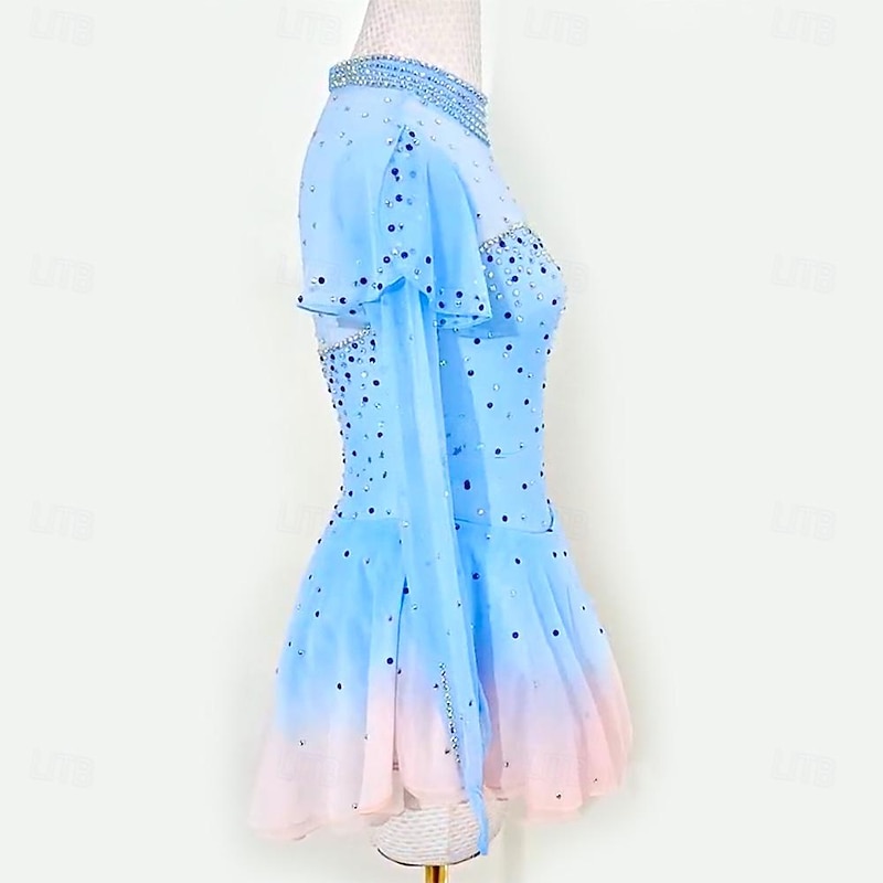Figure Skating Dress Women's Girls' Ice Skating Dress Blue Patchwork Thumbhole Mesh High Elasticity Training Competition Skating Wear Classic Long Sleeve Ice Skating Figure Skating3