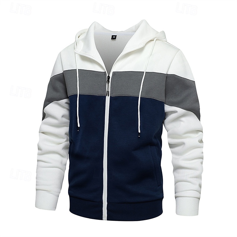 Men's Full Zip Hoodie Zip Up Hoodie White Red Blue Khaki Hooded Color Block Zip Up Patchwork Pocket Sports & Outdoor Daily Holiday Polyester Streetwear Basic Casual Fall & Winter Clothing Apparel4
