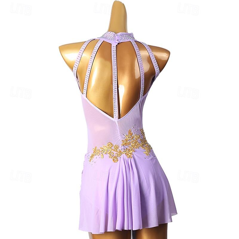 Figure Skating Dress Women's Girls' Ice Skating Dress Light Purple Patchwork Open Back Mesh Spandex High Elasticity Training Practice Professional Skating Wear Classic Crystal / Rhinestone Sleeveless4
