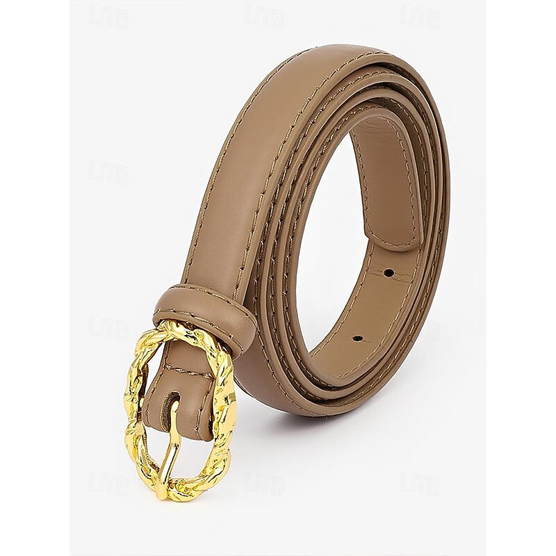 Women's Slim PU Leather Belt with Gold Buckle - for Dresses and Casual Outfits