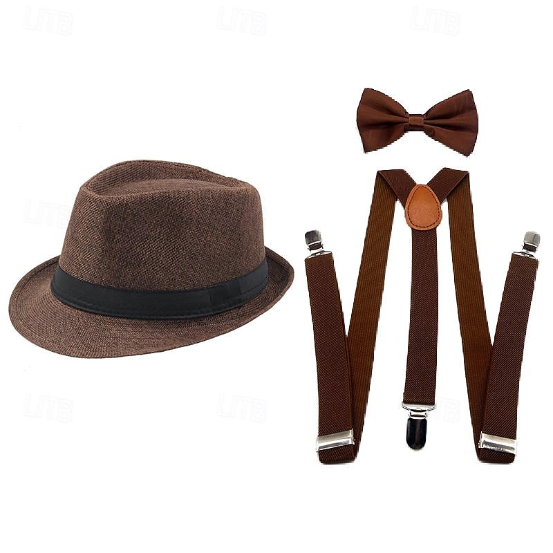 Retro Vintage Roaring 20s 1920s Panama Hat Accesories Set The Great Gatsby Fancy Dress Men's Masquerade Event / Party Bachelorette Party Adults' Hat Suspenders2
