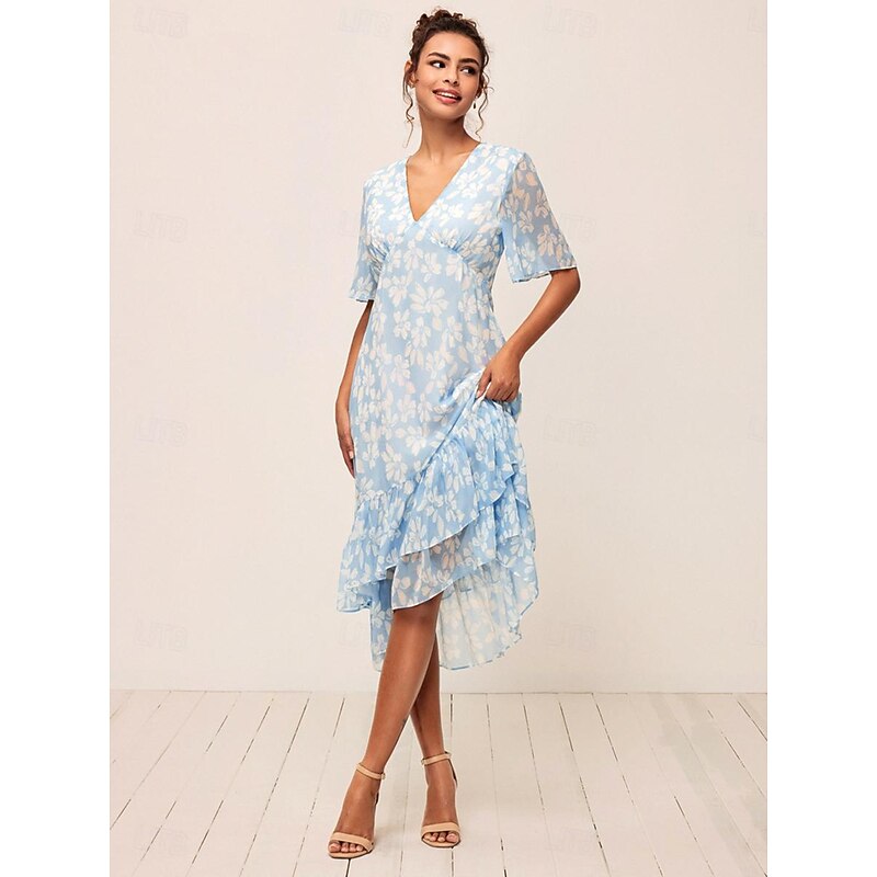 Women's Tea Length A Line Dress Layered Dress Elegant Flared Sleeve Vacation Daily Loose Fit Floral Half Sleeve V Neck Light Blue Summer2