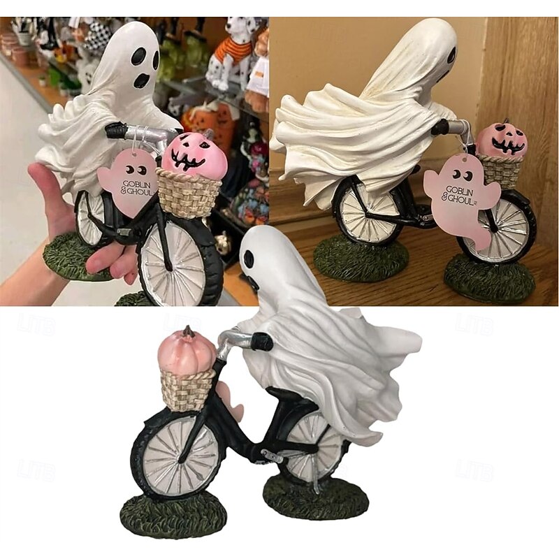 Ghost Bike Rider with Pink Pumpkin Halloween Decor, Ghost Riding a Bikes and Pink Pumpkin Statue,Cute Ghost Riding Figurines,Funny Ghost Figurine Home Tabletop Decorations2