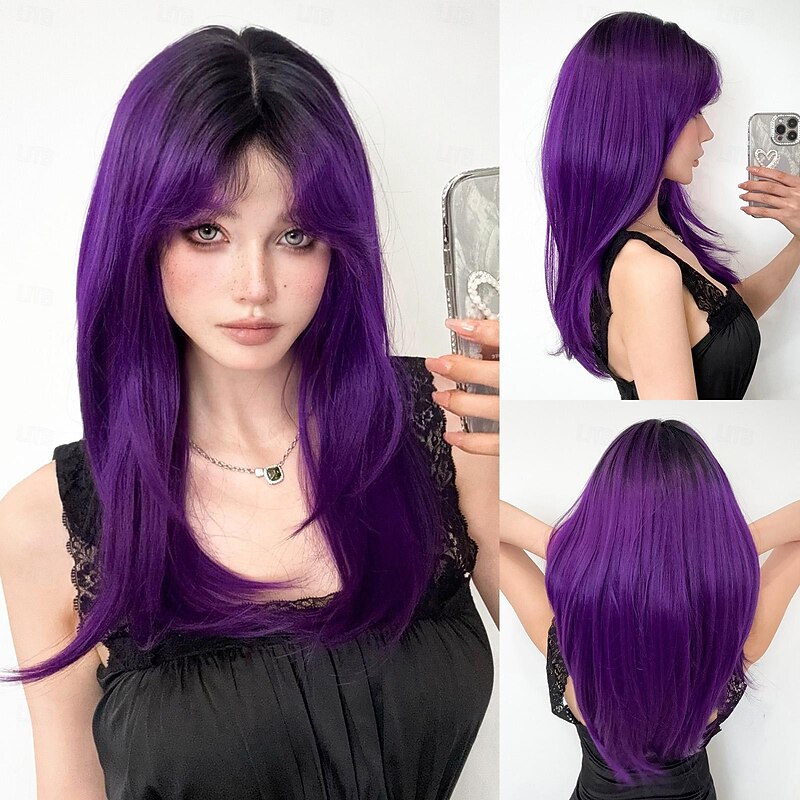 Synthetic Wig Uniforms Career Costumes Princess Straight kinky Straight Middle Part Layered Haircut Machine Made Wig 22 inch Bright Purple Synthetic Hair Women's Cosplay Party Fashion Purple