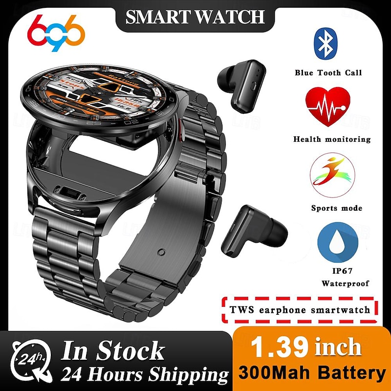 696 T97 Smart Watch 1.39 inch Smart Band Fitness Bracelet Bluetooth Pedometer Call Reminder Sleep Tracker Compatible with Android iOS Men Hands-Free Calls Message Reminder Watches with Earbuds IP 67