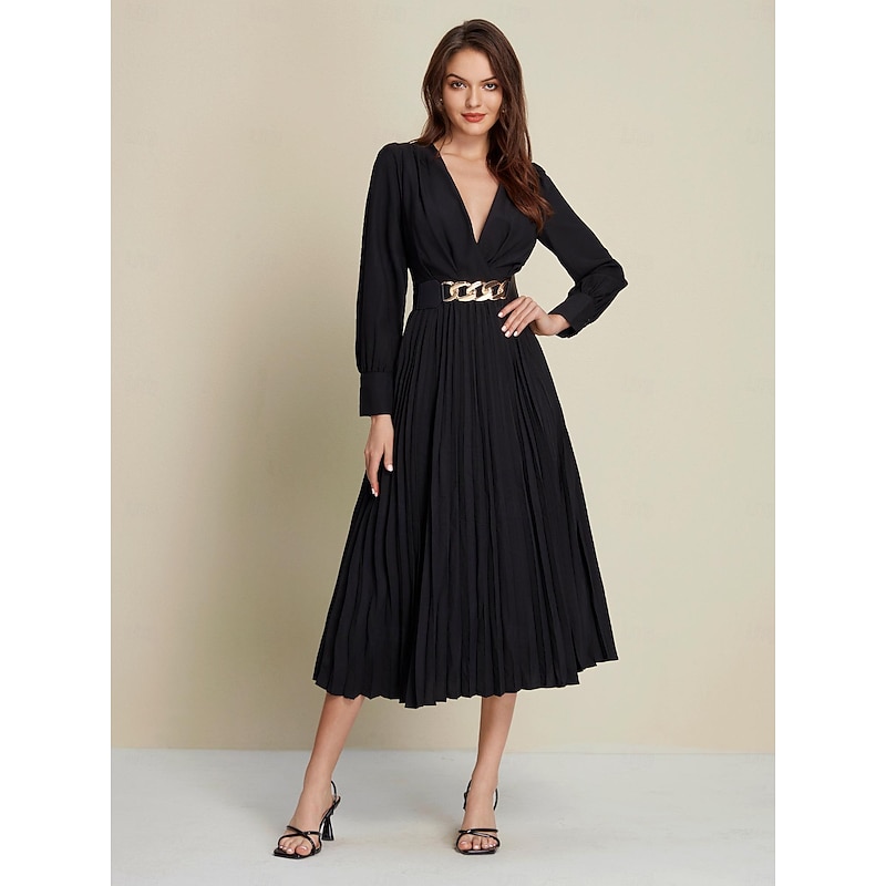 Black Satin Pleated Party/Wedding Guest Deep V Long Sleeve Belted Maxi Dress dress to impress 2024
