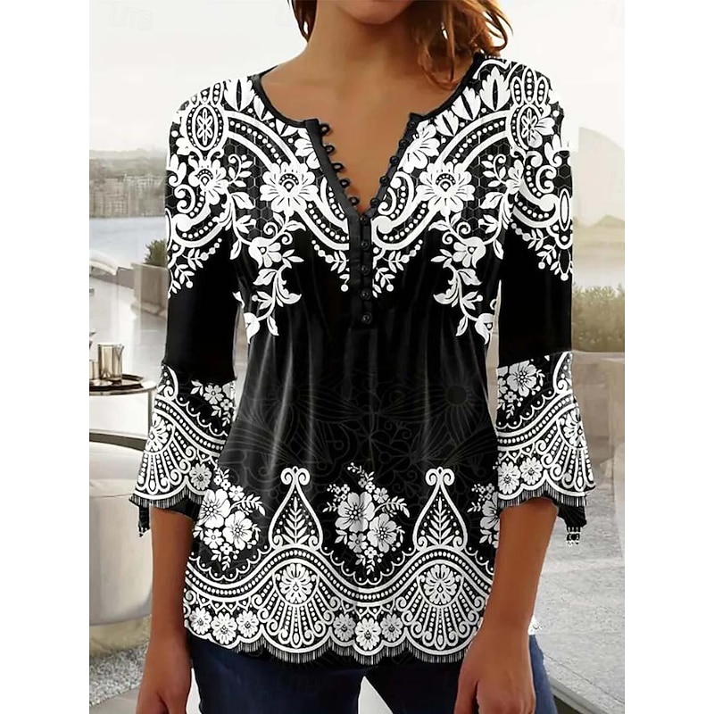 Women's Tunic T Shirt Graphic Elegant Vintage 3/4 Length Sleeve Notched Neck Regular Tops Daily Going out Ruffle Buttons Black Spring Fall