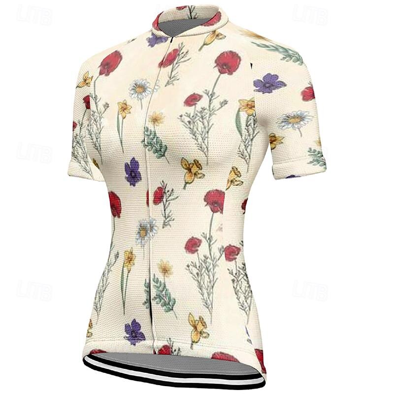 Women's Cycling Jersey Flower Short Sleeve Bike Tee Tshirt Top with 3 Rear Pockets Mountain Bike MTB Road Bike Cycling Quick Dry Front Zipper Wicking Sports Khaki Coffee Clothing Apparel
