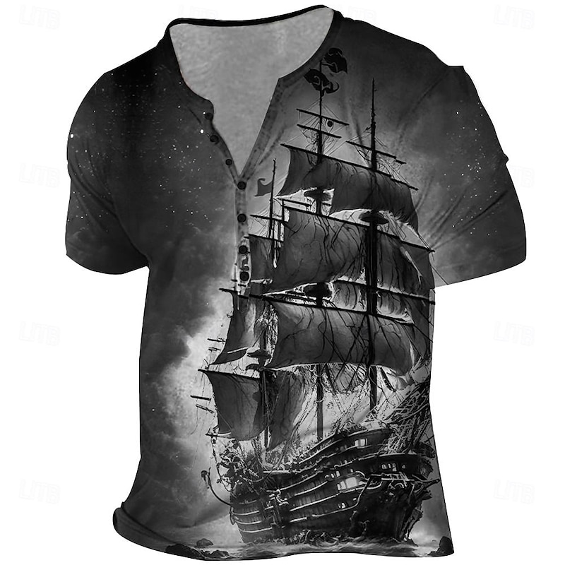 Men's Boat T Shirt Short Sleeve 3D Print Vintage Fashion Exaggerated Party Daily Summer Spring Fall Blue Brown Green Gray Henley Collar Henley T-Shirt4