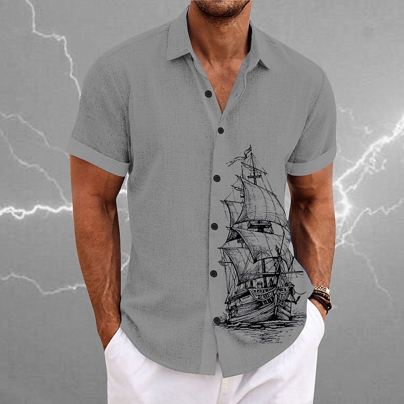 Men's Nautical Sailboat Shirt Button Up Shirt Short Sleeve Vintage Casual Vacation Daily Hawaiian Summer Spring Turndown Collared Shirts Button Up 3D Print White Blue Gray2