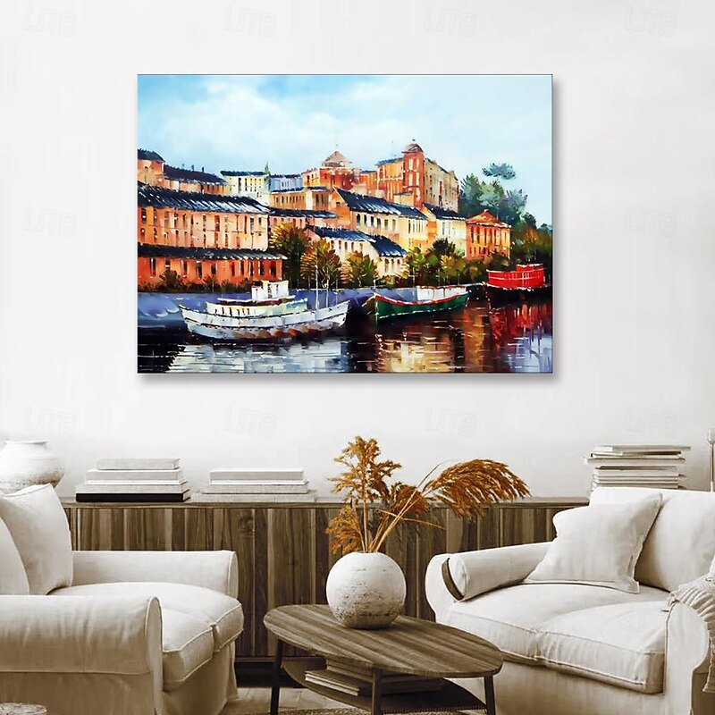 Handmade Oil Painting Canvas Wall Art Decoration Landscape Oil Painting Italian Water City Architecture for Home Decor Rolled Frameless Unstretched Painting