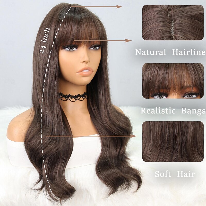 Synthetic Wig Natural Wave Deep Wave Neat Bang Wig 24 inch Dark Brown Wine Red Synthetic Hair Women's Red Brown Burgundy2