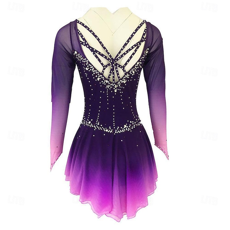 Figure Skating Dress Women's Girls' Ice Skating Dress Purple Patchwork Thumbhole Mesh High Elasticity Training Competition Skating Wear Classic Long Sleeve Ice Skating Figure Skating2