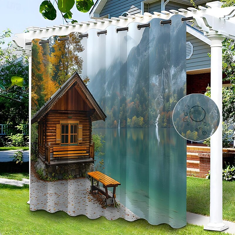 Waterproof Outdoor Curtain Privacy, Sliding Patio Curtain Drapes, Pergola Curtains Grommet 3D Lake Side House for Gazebo, Balcony, Porch, Party, 1 Panel2