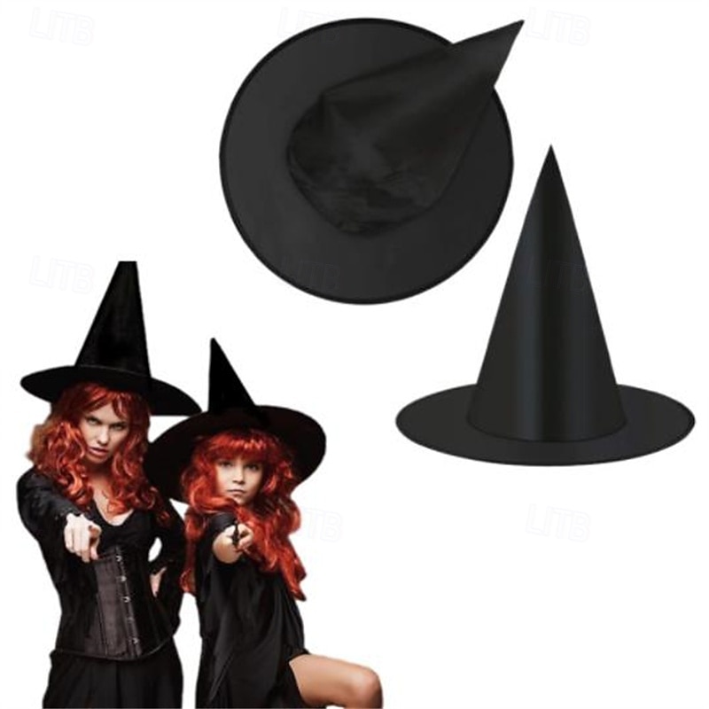Halloween Witch Hat - Black Polyester Taffeta, 38x36CM Magical Costume Prop for Makeup and Dress-Up