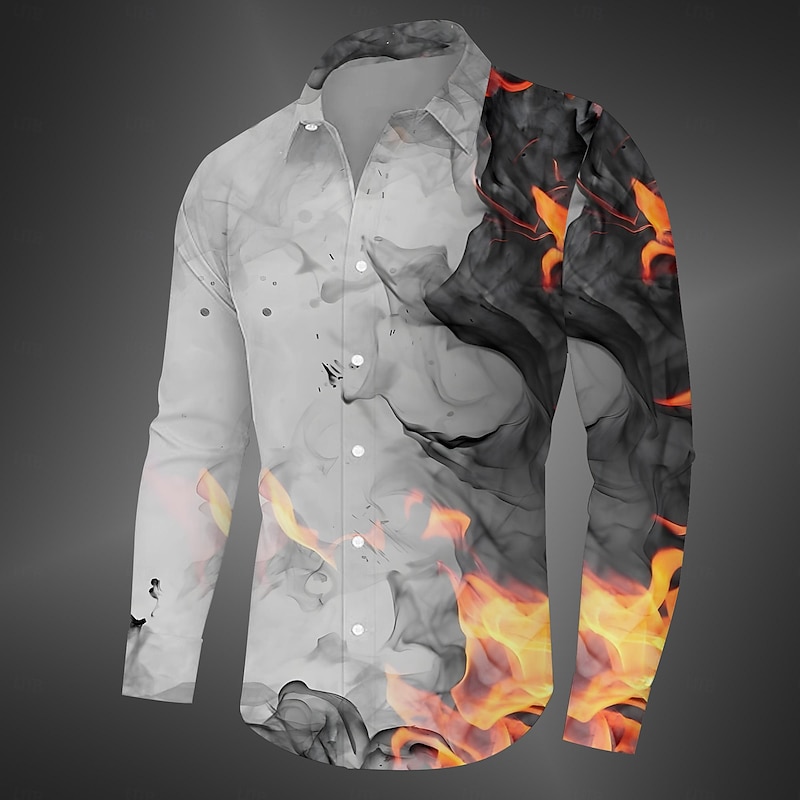 Men's Flame Shirt Button Up Shirt Long Sleeve Casual Dark Daily Fall Winter Spring & Summer Turndown Shirt Collar Button Up 3D Print Black Yellow Blue Fuchsia Green