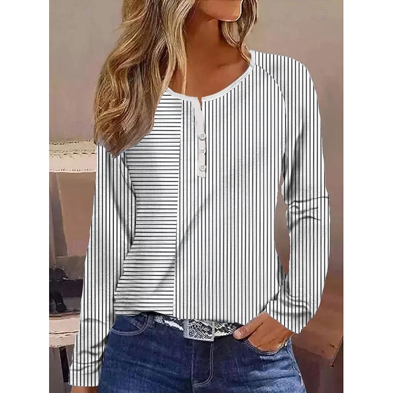 Women's T shirt Long Sleeve Striped Daily Casual Long Sleeve V Neck Regular Tops Daily Holiday Buttons Pink Red Gray Spring Fall Winter Prefall2