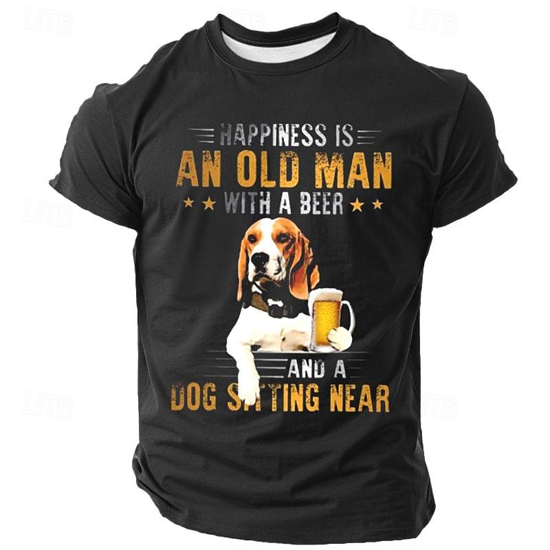 Men's Funny Graphic T-Shirt - Happiness is an Old Man, Beer & Dog - Short Sleeve Lifestyle Tee