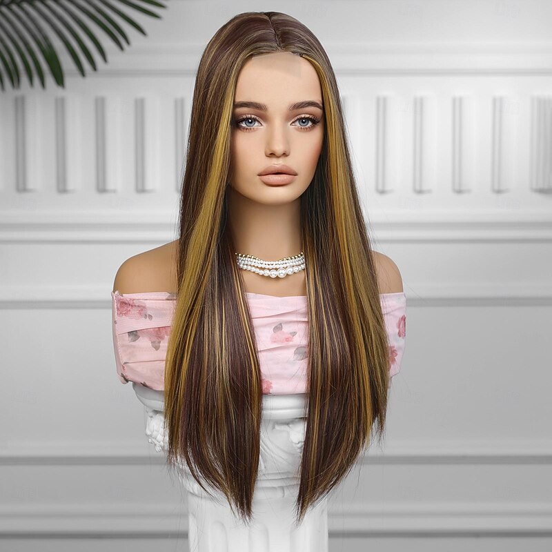 Synthetic Lace Wig Body Wave Style 28 inch Brown Middle Part U Part Wig Women's Wig Brown / Burgundy3