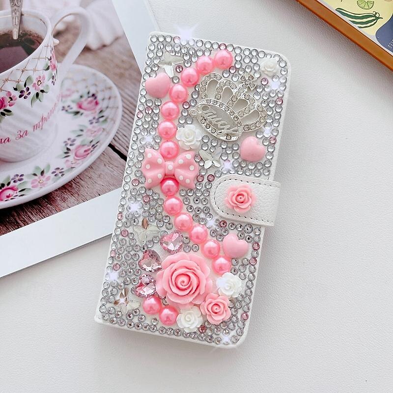 Phone Case For Samsung Galaxy S25 S24 S23 S22 S21 Ultra Plus A25 A15 A14 A34 A54 Wallet Case for Women Girl with Stand Holder Magnetic Bling Glitter Shiny Flower Floral TPU Rhinestone PU Leather3