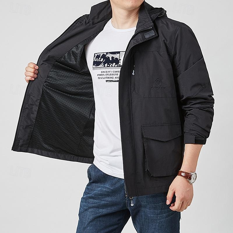 Men's Outdoor Jacket Transition Jacket Hiking Removable Multiple Pockets All Seasons Plain Casual Hooded Regular Black Khaki Dark Blue Gray Jacket 13