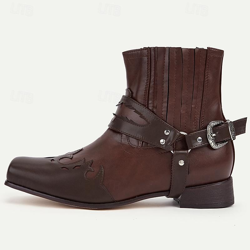 Men's Brown Western Cowboy Boots - Stylish Leather Embossed Ankle Boots for Casual Wear and Outdoor Activities2