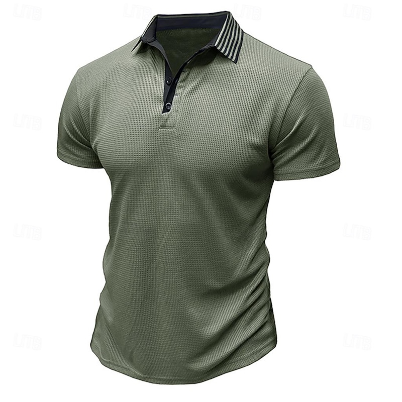 Men's Polo Shirt Waffle Polo Shirt Work Casual Lapel Ribbed Polo Collar Short Sleeve Basic Modern Color Block Patchwork Button Spring & Summer Regular Fit Army Green Black White Burgundy Navy Blue4