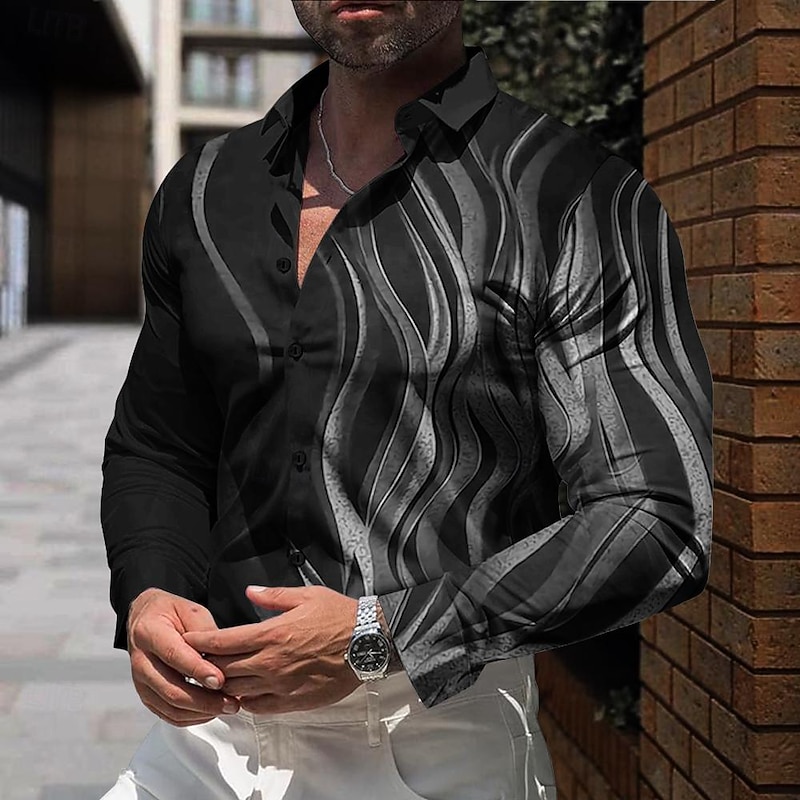 Men's Geometric Pattern Line Button Up Shirt Printed Shirts Long Sleeve Business Casual Formal Daily Fall Winter Spring & Summer Turndown Collared Shirts Buttons Print Black White Red Black-white