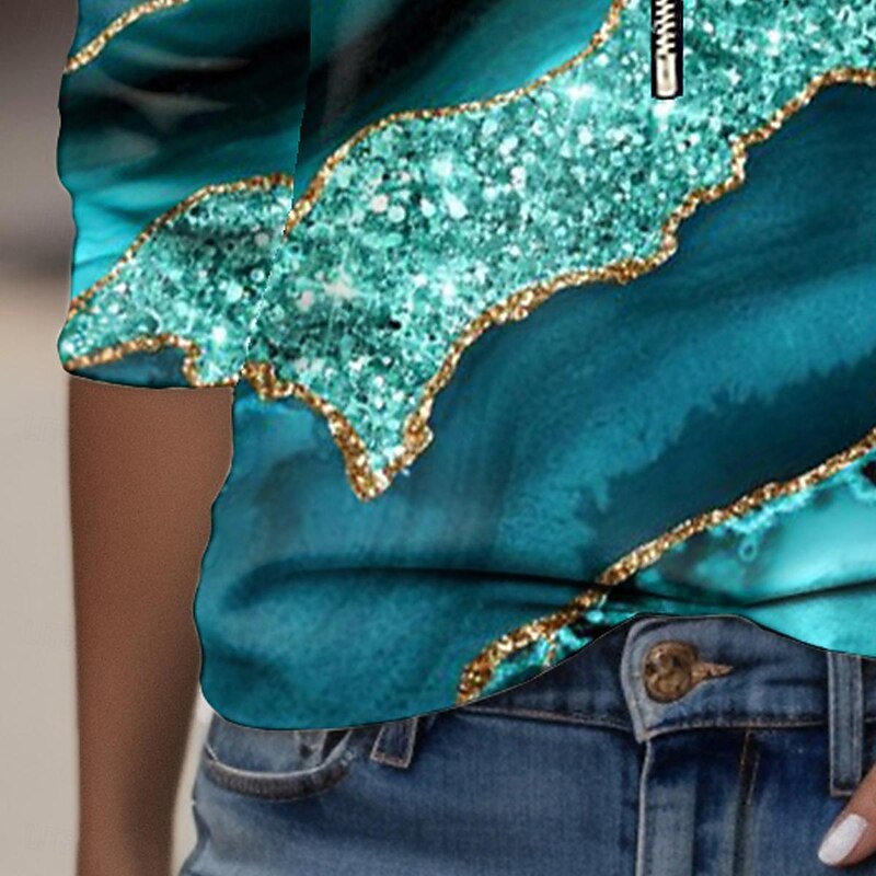 Women's T shirt Long Sleeve Quarter Zip Long Sleeve Casual Graphic Abstract Daily Basic Neon & Bright V Neck Half Zip Regular Tops Daily Print Black Pink Blue Purple Green Fall & Winter Prefall3